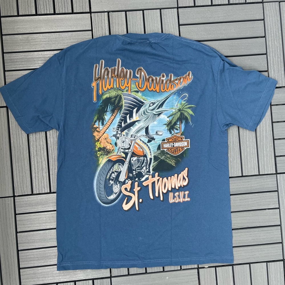 Harley Davidson T Shirt Marlin Swordfish St Thomas Virgin Islands Mens XL Blue